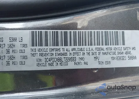 2020 Dodge Journey Se Value z USA, uszkodzony, nr VIN 3C4PDCAB6LT220593